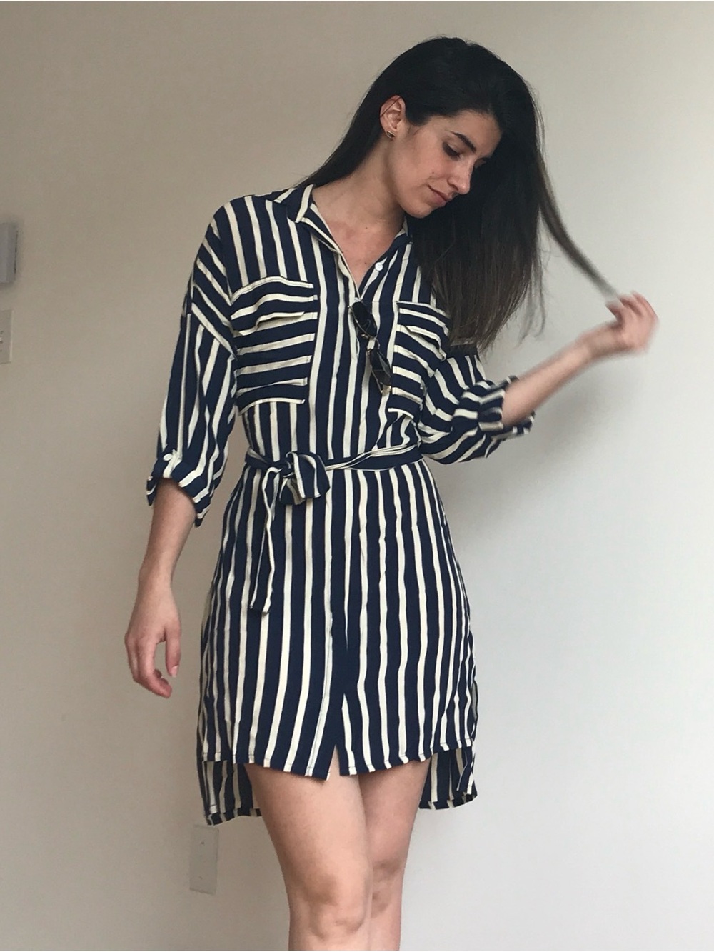 Striped Shirt Dress - Navy and White